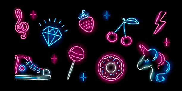 ilustrações, clipart, desenhos animados e ícones de conjunto de ícones femininos neon no fundo preto: unicórnio, diamante, cereja, donut, morango, relâmpago, pirulito, tênis. moda, fantasia, garota, conceito infantil. estilo de placa noturna. ilustração vetor 10 eps. - sinal de neon