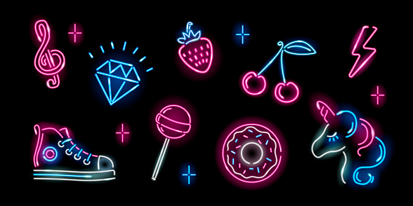 Set of neon girly icons on black background: unicorn, diamond, cherry, donut, strawberry, lightning, lollypop, sneaker. Fashion, fantasy, girl, childish concept. Night signboard style. Vector 10 EPS illustration.