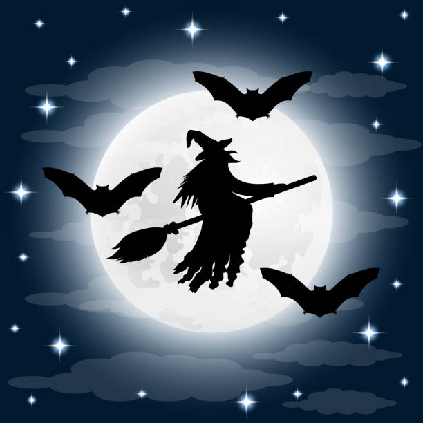 istock Silhouette of a terrible witch on a broomstick with bats. 1242050590