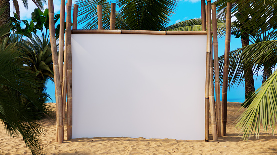 3D rendering of a white empty mockup bamboo board on the beach, summer background and backdrop concept