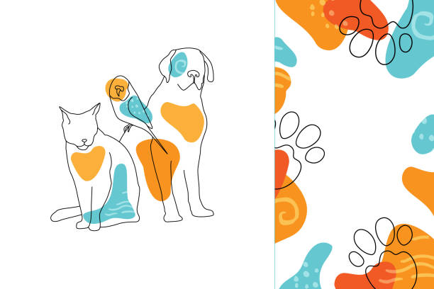 현대 미니멀 한 스타일의 개, 고양이와 앵무새. 벡터 트렌디 한 선형 아트입니다. 수의학 또는 애완 동물 친화적 인 개념 그림. - dog stock illustrations