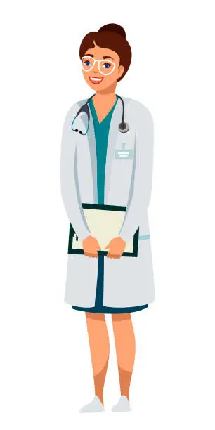 Vector illustration of Female doctor flat vector character. Nurse, medic on white background. Therapist, physician, specialist isolated clipart. Hospital, medical clinic worker holding patient card and stethoscope.