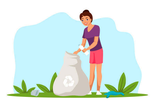 ilustrações, clipart, desenhos animados e ícones de ilustração de caractere vetorial do conceito de plogging - mulher catando lixo