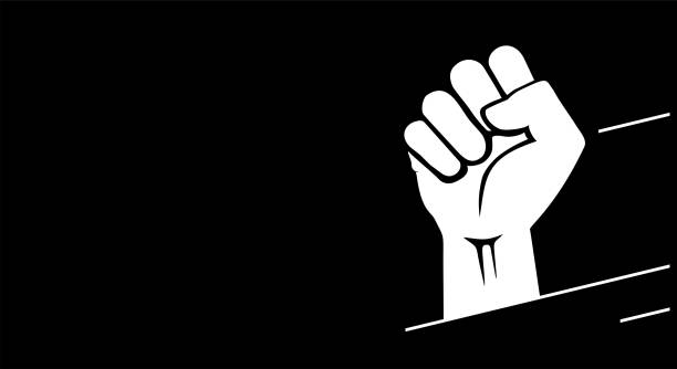 illustrazioni stock, clip art, cartoni animati e icone di tendenza di mano alzata, segno del pugno stretto su uno sfondo vuoto con spazio di copia. illustrazione vettoriale del simbolo di protesta. - shaking fist