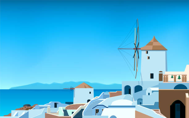 illustrations, cliparts, dessins animés et icônes de large panorama du paysage grec 02 - backgrounds hotel volcano blue