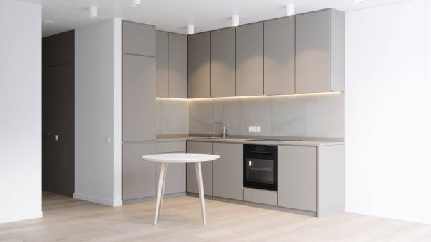 istock 3D rendering of a kitchen corner in bright colors with a table 1242110205