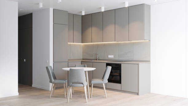 istock 3D rendering of a kitchen corner in bright colors with a table and chairs 1242110216