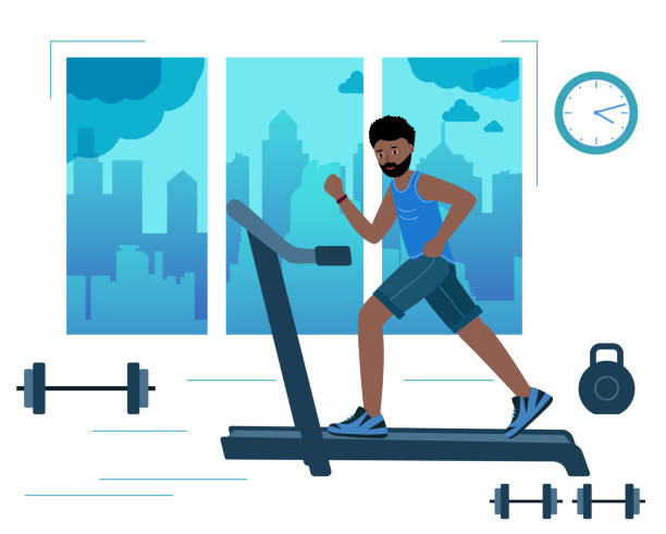 Black Man Running On Motorized Treadmill In Gym With The City Background In  The Window Stock Illustration - Download Image Now - iStock