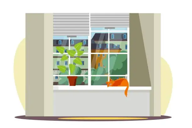 Vector illustration of Large window with city view, cute cat sleeps on windowsill