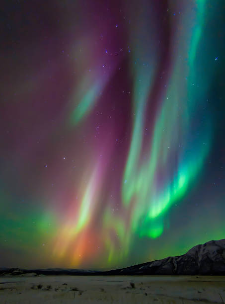 la aurora boreal es una pantalla de luz natural en el cielo particularmente en la alta latitud de las regiones árticas, causada por la colisión de partículas cargadas de energía con átomos en la atmósfera de gran altitud (termosfera). gran llamarada  - yukon fotografías e imágenes de stock