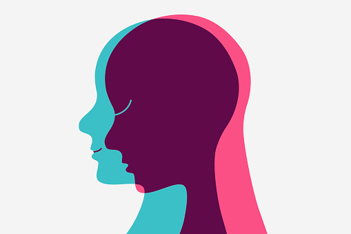 A person hiding its sadness. Feeling two different emotions. Human head flat outline icon.