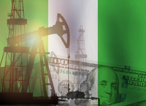 Crude oil and petroleum concept. Pump jack, US dollar notes and Nigeria flag background Crude oil and petroleum concept. Pump jack, US dollar notes and Nigeria flag background oil pump petroleum equipment development stock pictures, royalty-free photos & images