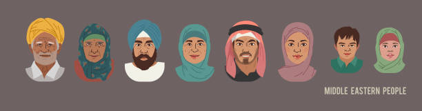 ÐÐµÑÐ°ÑÑ Middle Eastern People Head Avatar Set. Different Characters. Man Woman and Children Portrait Cartoon Illustration. Children Adult and Older people Faces. Vector Illustration. burka stock illustrations
