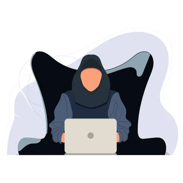 Vector illustration of Muslim woman sit and working on laptop in flat style. Freelance concept. Stock illustration isolated on white background. Modern thinking and creativity, infographics design web elements.
