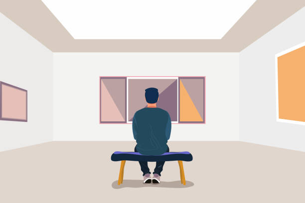 Exhibition visitor viewing paintings at art gallery. Man in the museum sits on a bench. Creative artworks for exhibition. Vector stock illustration in flat cartoon style. Delicate and vibrant colors. Vector stock illustration in flat cartoon style. Delicate and vibrant colors. art museum illustrations stock illustrations
