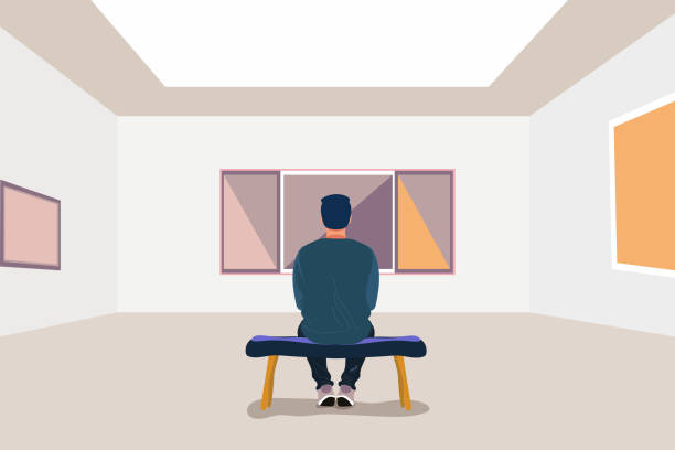 Exhibition visitor viewing paintings at art gallery. Man in the museum sits on a bench. Creative artworks for exhibition. Vector stock illustration in flat cartoon style. Delicate and vibrant colors. Vector stock illustration in flat cartoon style. Delicate and vibrant colors. man sitting alone drawing stock illustrations
