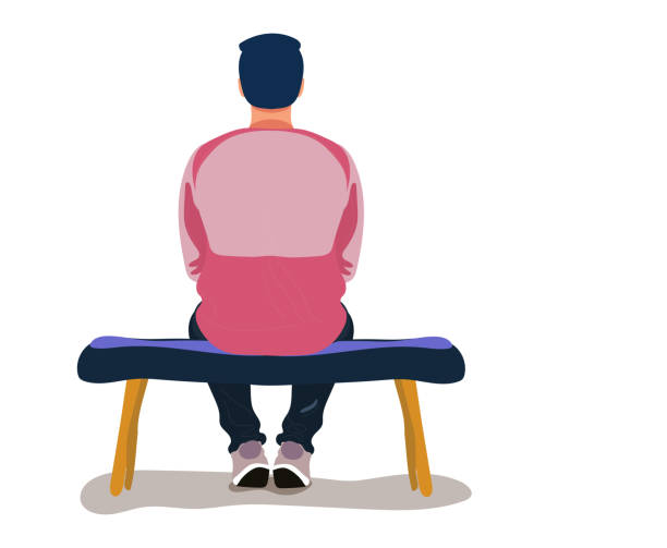 Man in pink t-shirt and dark blue pants sits on a bench. Back view. Vector cute stock illustration in flat cartoon character style isolated on white background. Vector cute stock illustration in flat cartoon character style isolated on white background. man sitting alone drawing stock illustrations