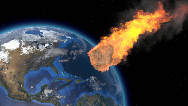 istock Asteroid Impact on Earth. Asteroid, comet, meteorite glows, enters the earth's atmosphere. 3d rendering. Meteor Rain. Kameta tail. End of the world. Elements of this image furnished by NASA. 1242157109