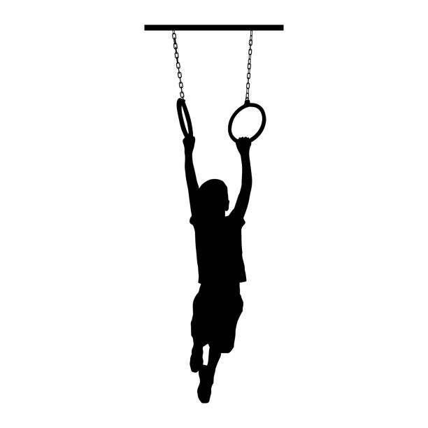 Black silhouette of a boy Black silhouette of a boy hanging on rings. Isolated vector illustration. acrobatic gymnastics stock illustrations
