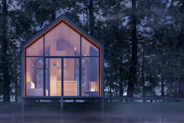 Secluded tiny house on the sandy shore of a lake with fog in a coniferous forest in the cold night light and with warm light from the Windows. Stock 3D illustration Secluded tiny house on the sandy shore of a lake with fog in a coniferous forest in the cold night light and with warm light from the Windows. Stock 3D illustration tiny house stock pictures, royalty-free photos & images