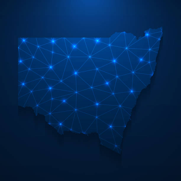 New South Wales map network - Bright mesh on dark blue background Map of New South Wales created with a mesh of thin bright blue lines and glowing dots, isolated on a dark blue background. Conceptual illustration of networks (communication, social, internet, ...). Vector Illustration (EPS10, well layered and grouped). Easy to edit, manipulate, resize or colorize. new south wales stock illustrations