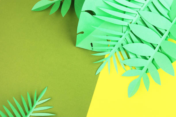 istock various tropical leaves on a yellow and green background, top view. 1242177732