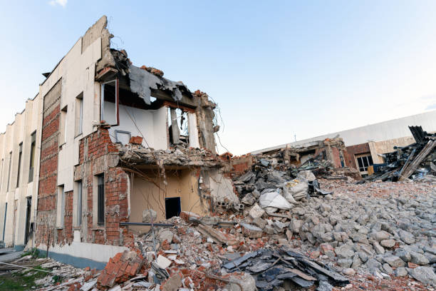 Demolished building. Ruined build structure.  Construction Industry
