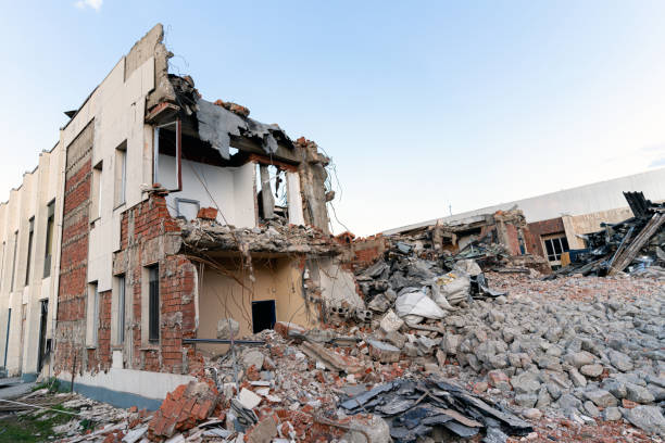 Demolished building. Ruined build structure.  Construction Industry stock photo
