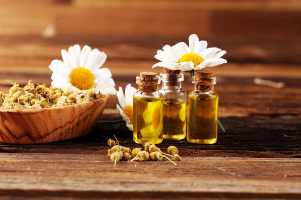 istock Chamomile Composition with essential oil and chamomile flowers on wooden rustic table 1242190166