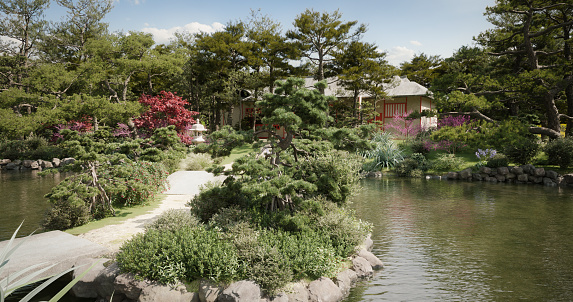 Digitally generated traditional Japanese garden with ponds on a sunny day.\n\nThe scene was rendered with photorealistic shaders and lighting in Corona Renderer 5 for Autodesk® 3ds Max 2020 with some post-production added.