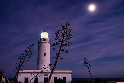 Popular and touristic lighthouse of La Mola in Formentera at night.