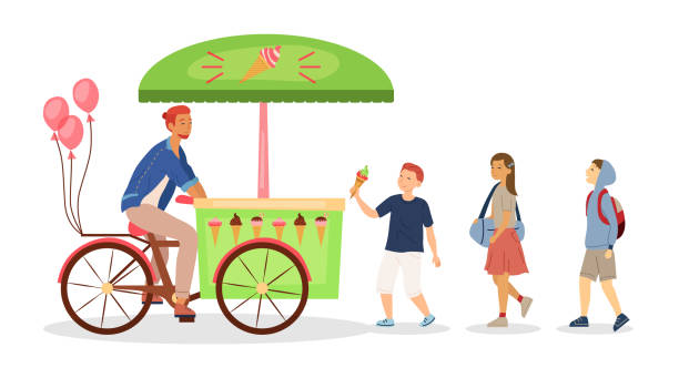 illustrazioni stock, clip art, cartoni animati e icone di tendenza di concetto di street food. young boy student vendita gelato in carrello mobile cafe con molti tipi di gelato. i bambini delle scuole acquistano dessert nel parco o in piazza. illustrazione vettoriale in stile piatto cartone animato - child balloon selling sign