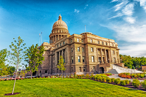 This beautiful Capitol Building for the 43rd state of the United States is located in Downtown Boise Idaho.