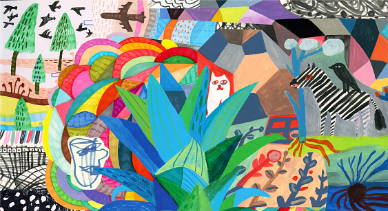 Colourful collage with colourful patterns, plants, animals and human