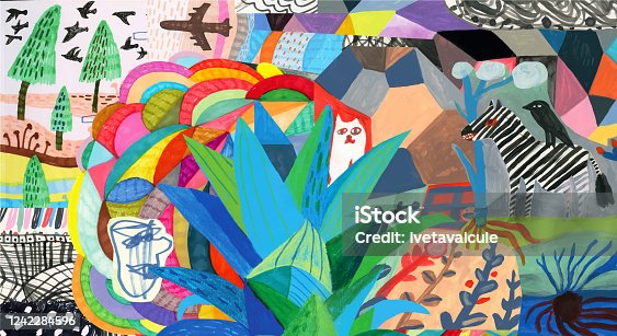 istock Colourful collage with colourful patterns, plants, animals and human 1242284596