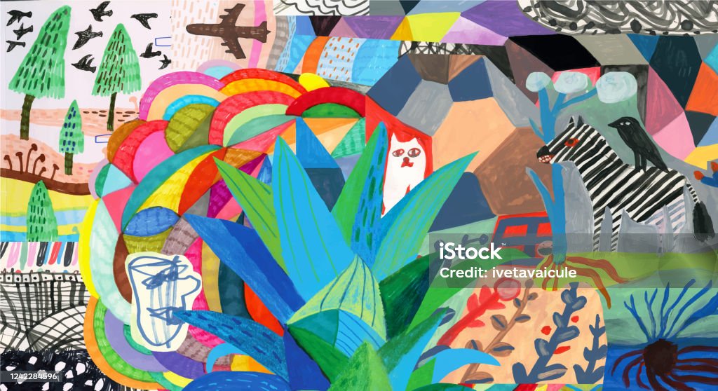 Colourful Collage With Colourful Patterns Plants Animals And Human Stock  Illustration - Download Image Now - iStock