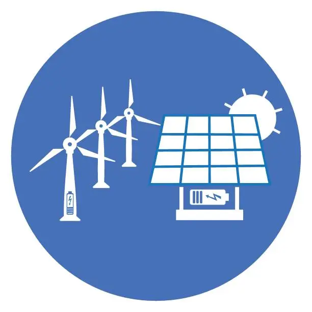 Vector illustration of Solar energy panel and Windmills energy icon, symbol, blue