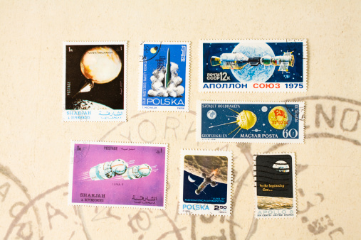 Old stamps of space exploration from various countries.