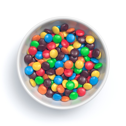 Colorful coated chocolate candies in white bowl isolated on white background. 3d rendering