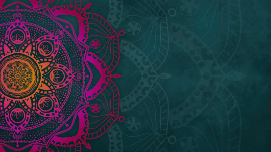 Mandala - Hand-drawn Magenta Mehndi Pattern on Teal Background - Chakra Design with Copy Space   ed as Property Release