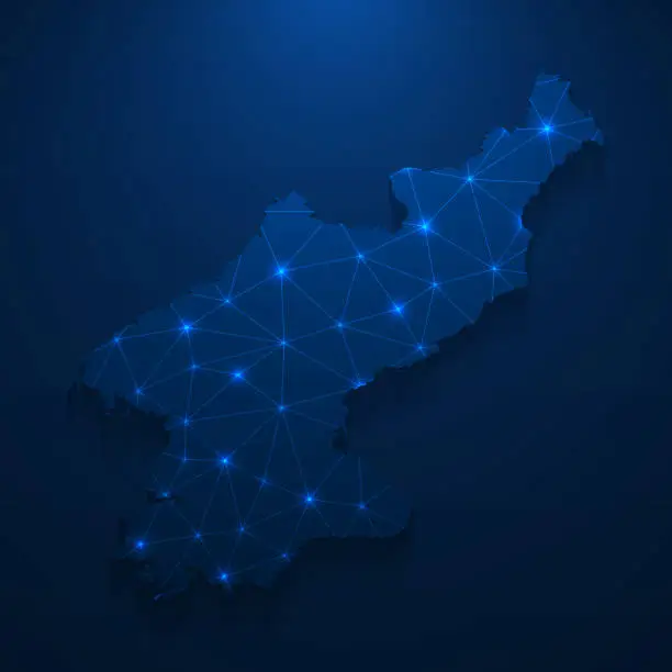 Vector illustration of North Korea map network - Bright mesh on dark blue background