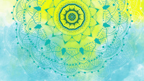 istock Mandala - Hand-drawn Mehndi Pattern Mandala on Watercolor Background in Aqua and Chartreuse Yellow - Chakra Design 1242304793