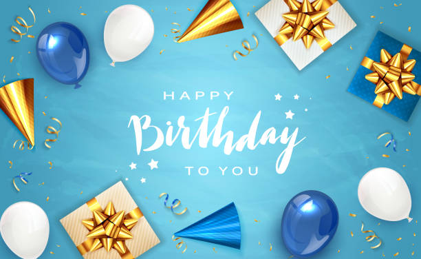 Birthday Background with Gifts Lettering Happy Birthday on blue background with holiday balloons, party hat, realistic gifts with golden bows and balloons. Illustration can be used for holiday design, posters, cards, banners. happy birthday stock illustrations
