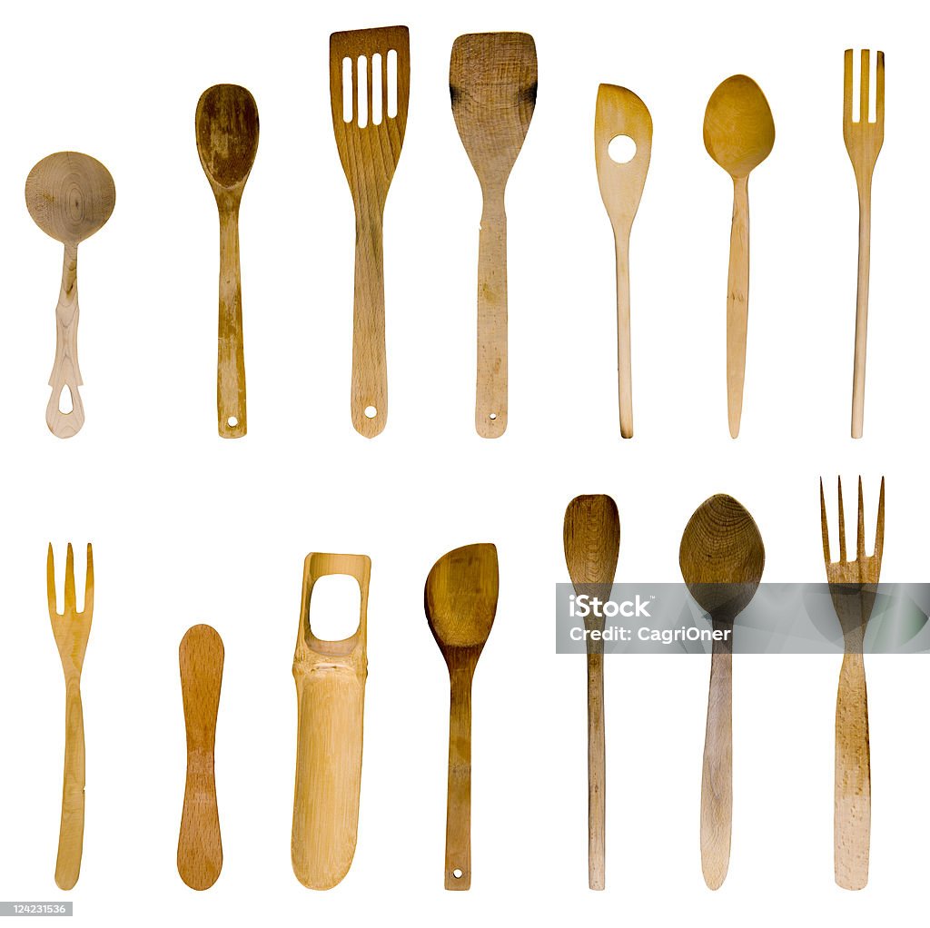 Catorze ferramentas de cozinha de madeira. - Royalty-free Colher de Pau Foto de stock