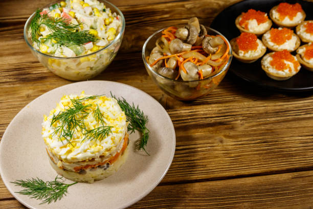 istock Set of various festive dishes on a wooden table 1242320424