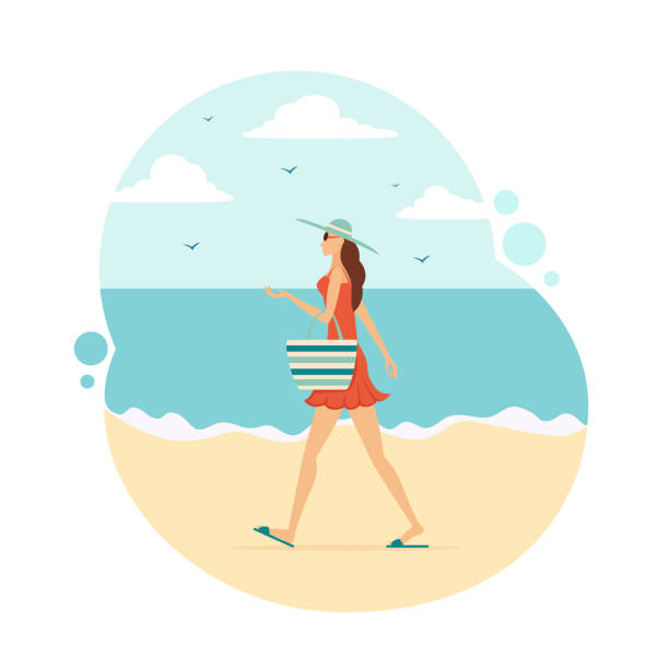 Woman with a Beach Bag and Hat on Sea Background Woman in red dress with a beach bag and a hat goes to the beach. Funny girl on sea background. Summer theme. Illustration in flat cartoon style can be used for summer design, poster, card, banner flip flop sandal beach isolated stock illustrations