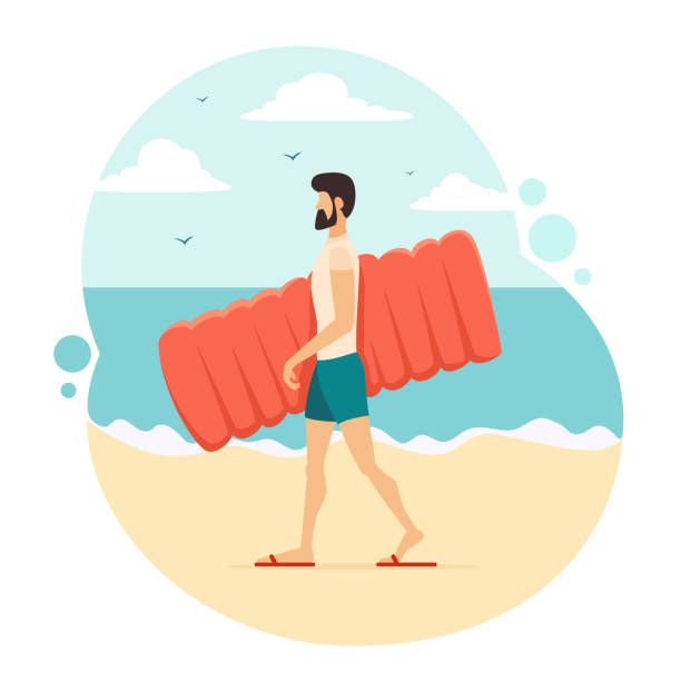 ilustrações de stock, clip art, desenhos animados e ícones de man with an inflatable mattress on sea background - swimming shorts shorts swimming trunks clothing