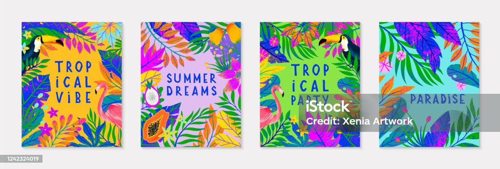 Set of summer vector illustration with bright tropical leaves,flamingo,toucan and exotic fruits Set of summer vector illustration with bright tropical leaves,flamingo,toucan and exotic fruits.Multicolor plants.Exotic backgrounds perfect for prints,flyers,banners,invitations,social media. Tropical Climate stock vector