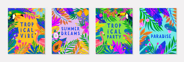 Set of summer vector illustration with bright tropical leaves,flamingo,toucan and exotic fruits Set of summer vector illustration with bright tropical leaves,flamingo,toucan and exotic fruits.Multicolor plants.Exotic backgrounds perfect for prints,flyers,banners,invitations,social media. dragon fruit flower stock illustrations