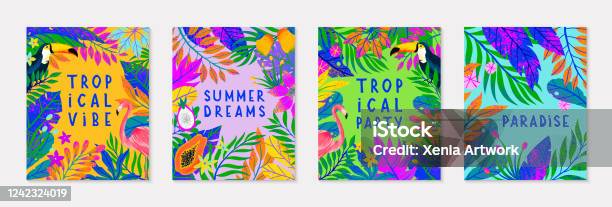 Set Of Summer Vector Illustration With Bright Tropical Leavesflamingotoucan And Exotic Fruits Stock Illustration - Download Image Now